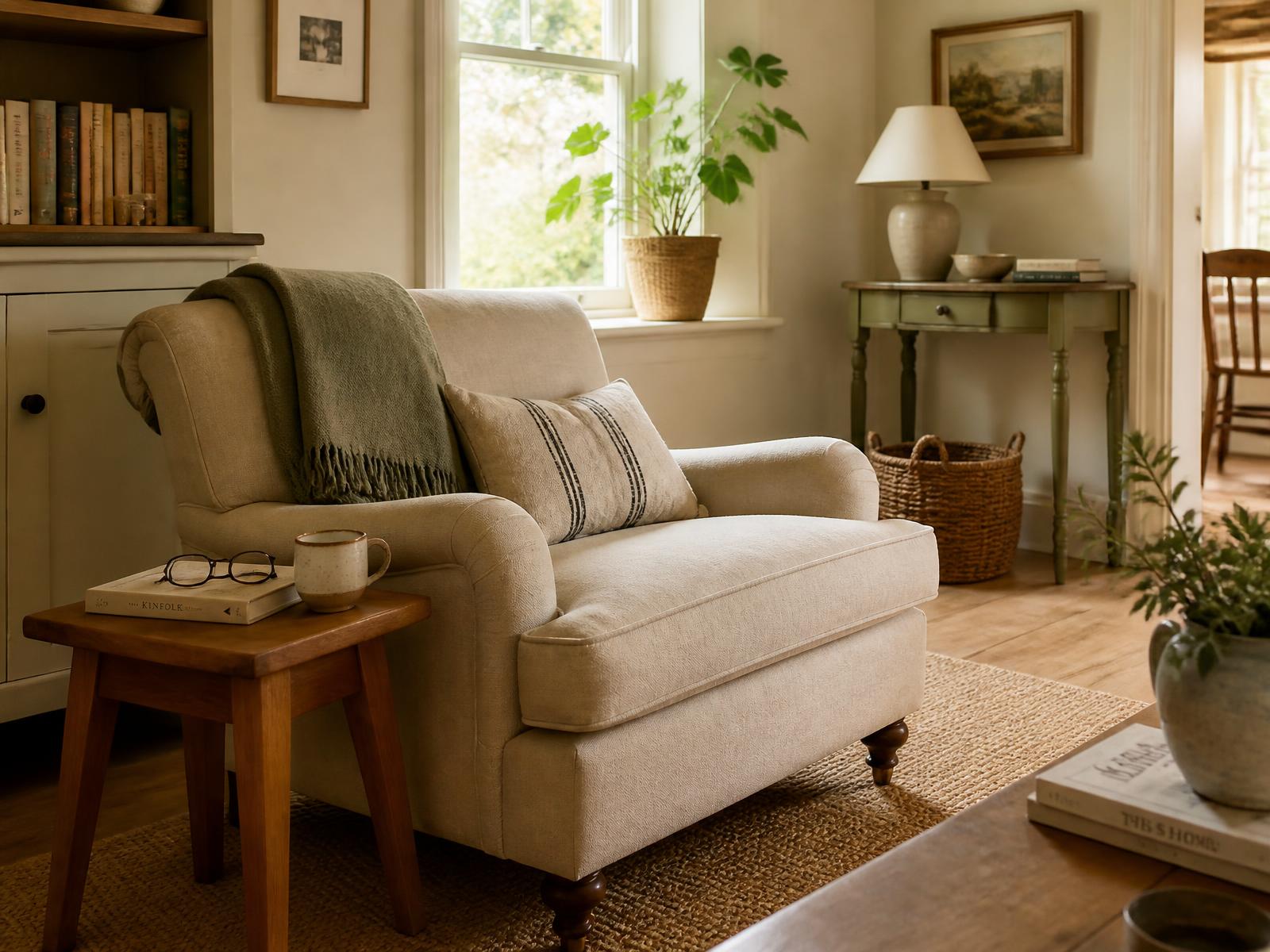A sunlit living room with a comfortable armchair, reading glasses on a side table, and plants by the window.